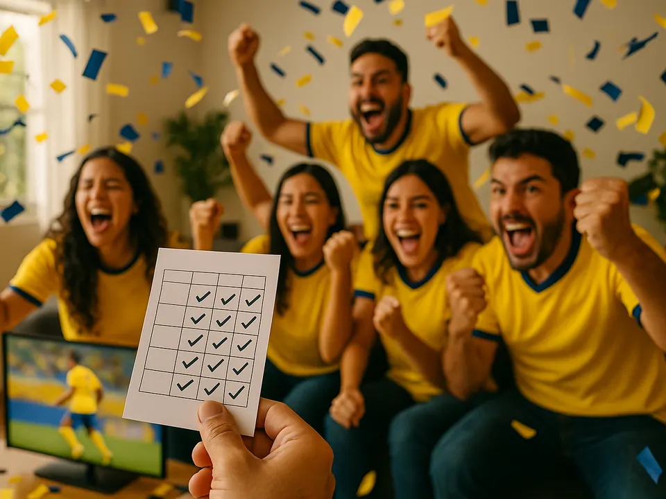Amigos con playeras amarillas celebran mientras uno muestra su quiniela llena.