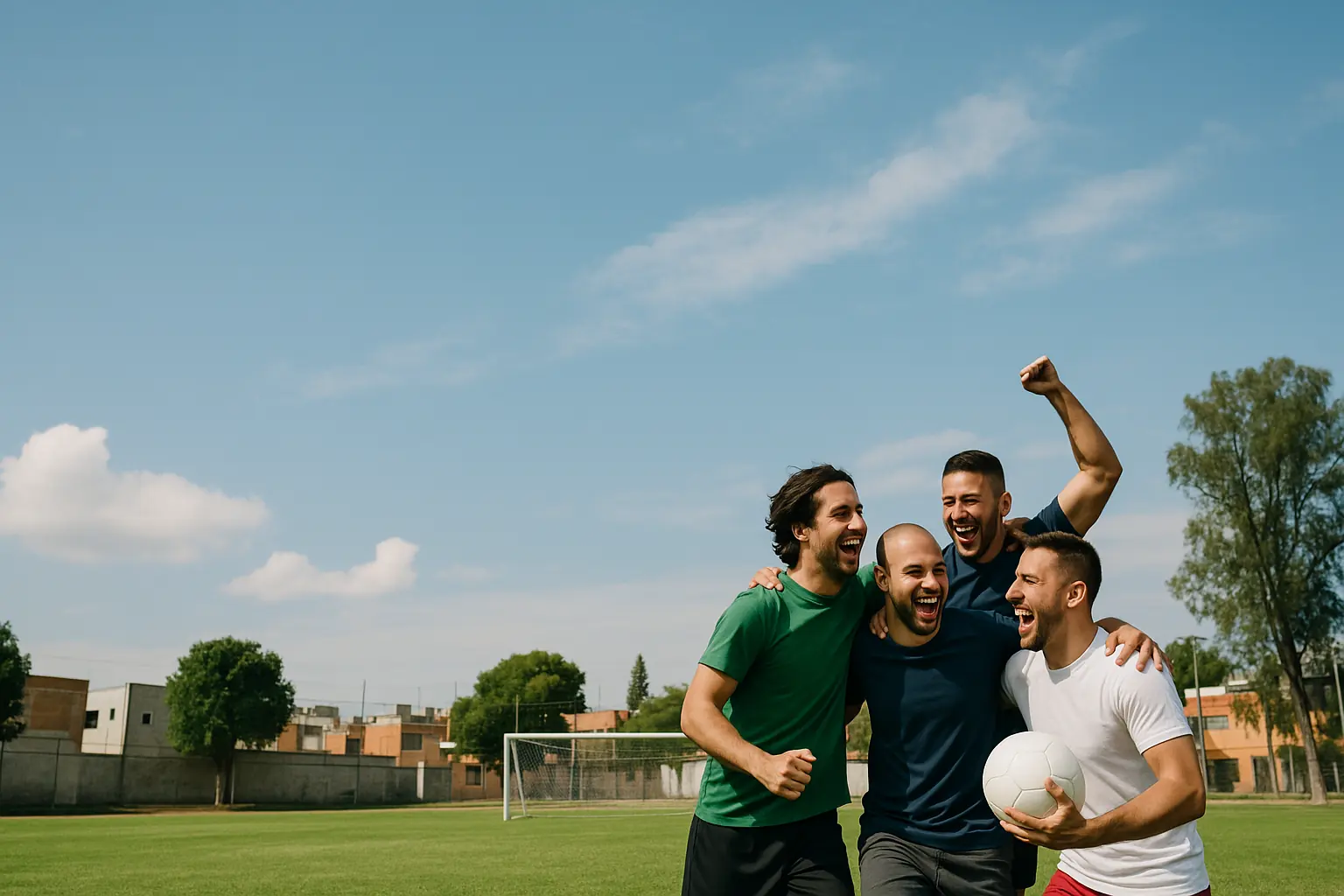 Cuatro amigos celebran un gol en una cancha de barrio.
